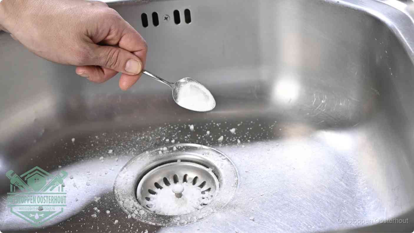 Een hand strooit met een lepel soda in de afvoer van een roestvrijstalen spoelbak, de soda en azijn huismiddel-methode om de afvoer te ontstoppen in Oosterhout