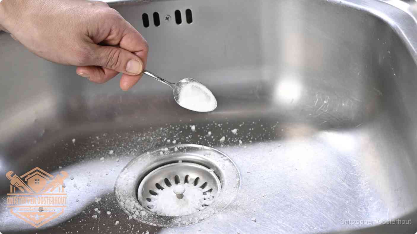 Hand strooit soda in de afvoer, riool ontstoppen met soda en azijn in Oosterhout